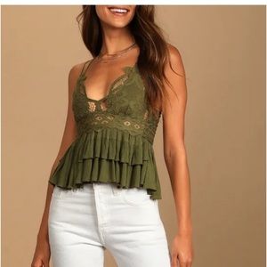 NWOT Free People Adella Lace Cami in Color Olive Sparrow